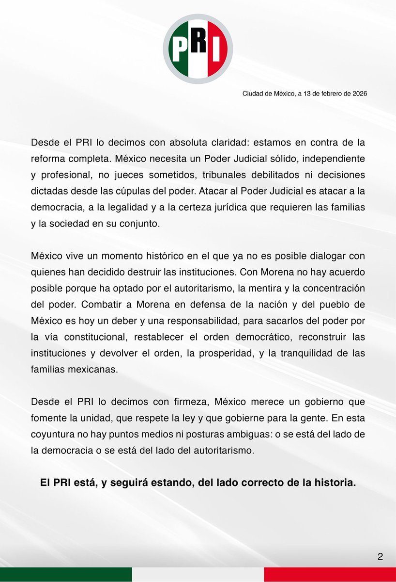 El PRI rechaza de manera total, categórica y definitiva la reforma al Poder Judicial impulsada por el narcogobierno de Morena.