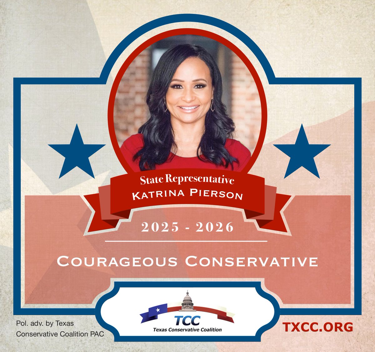 Congratulations to Representative Katrina Pierson on being a 2025-2026 TCC Courageous Conservative for her outstanding voting record.