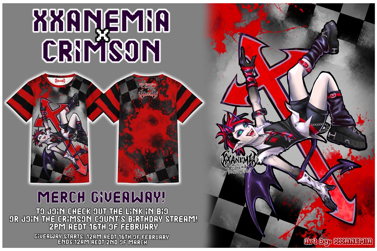 Celebrate Crimson's birthday with our <a href="/xxanemia/">ANEMIA🫀</a> collab shirt giveaway!!

To join, click the 🔗 in my bio and follow the instructions on February 16th.

You must be following both of us on Instagram and Crimson on twitch, but there are lots more chances for extra entries by