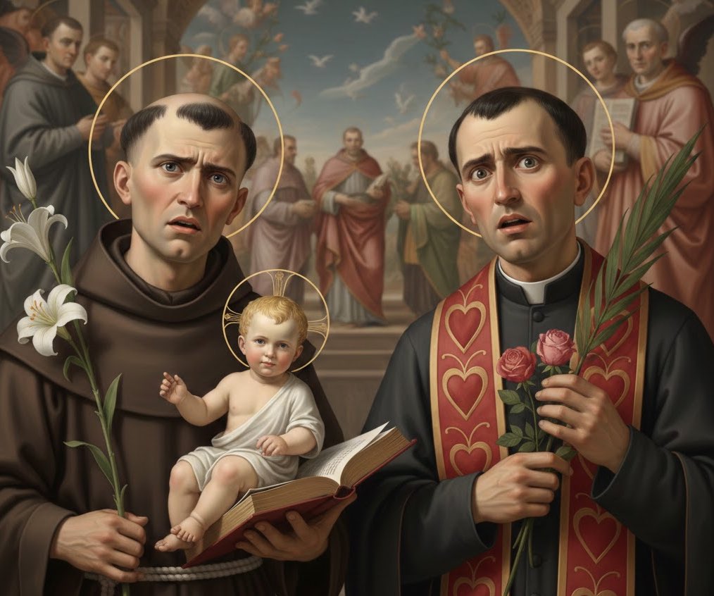 San Antonio y San Valentín viendo cómo les piden novio a ellos, cuando deberían hacer la petición a San Judas Tadeo, el santo de las causas perdidas.
