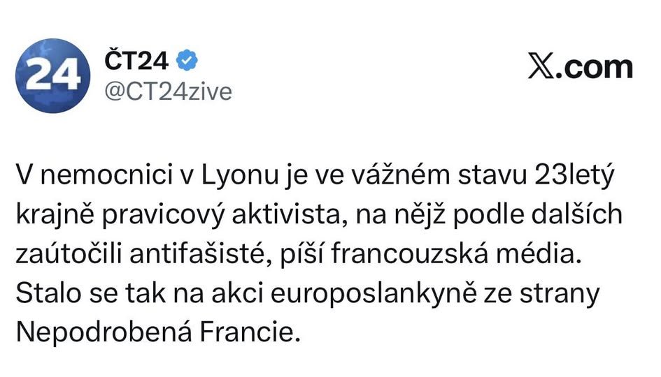 SOS_projevu's tweet photo. Takto informuje veřejnoprávní médium o případu, kdy  člena ochranky ukopali k smrti extrémisté z Antify, která je už v některých zemích Západu zakázaná. 
Pane ministře @OtoKlempir, prosím konejte, ať už takové manipulace nemusíme platit z vlastních kapes. Zpravodajství a publicistika ČT24 ukazuje dnes a denně, že je nereformovatelná. Rozpustit a vypustit.
