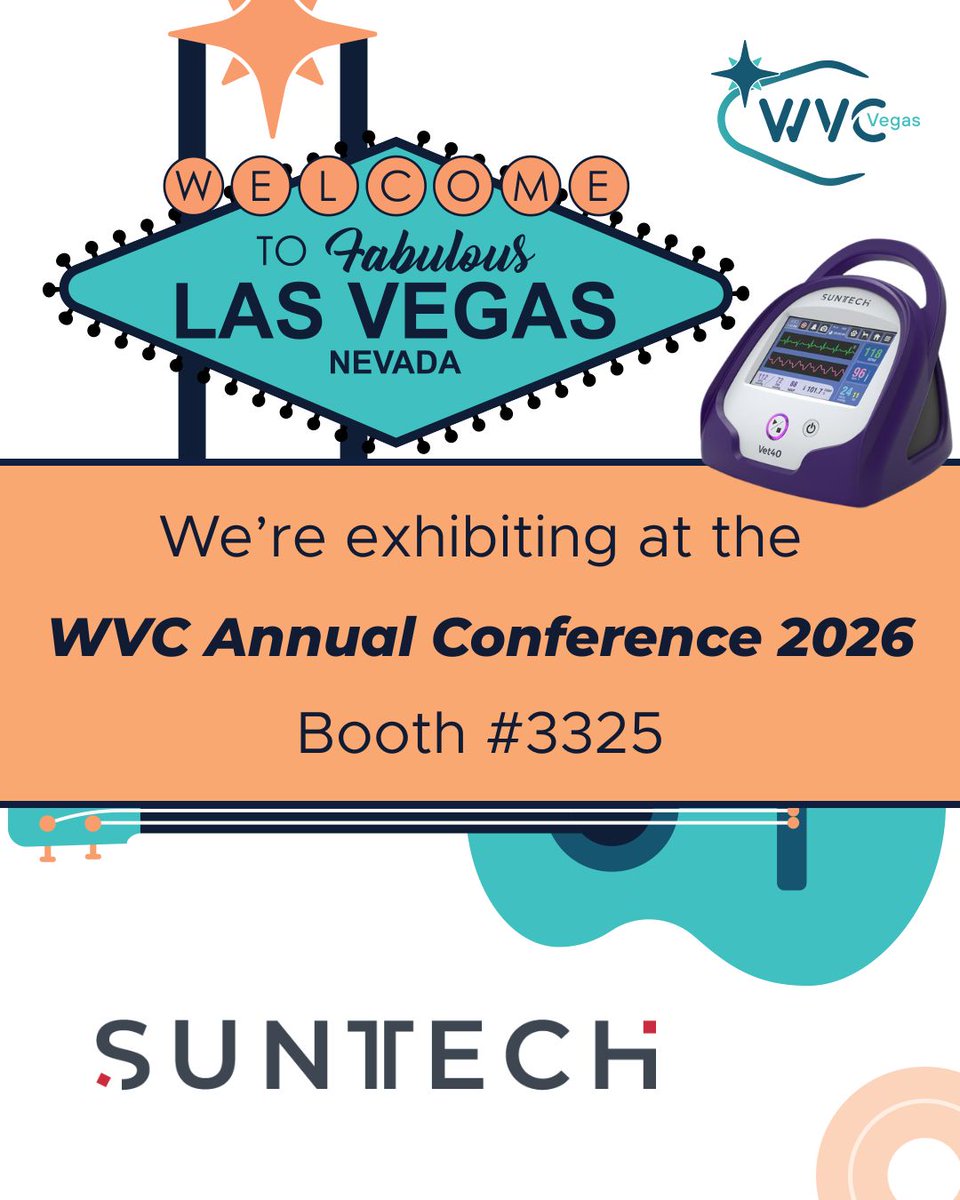 SunTechVetBP's tweet photo. Heading to WVC 2026 in Las Vegas next week? We’ll be there - booth #3325!

Come say hi and see what’s new - and don't forget we will be hosting a raffle for a chance to win a Vet25! We’d love to connect with you in Las Vegas! 🐶🐱

#WVC2026 #VeterinaryMedicine #VetMed #Vet40 https://t.co/8o77pWFBt5