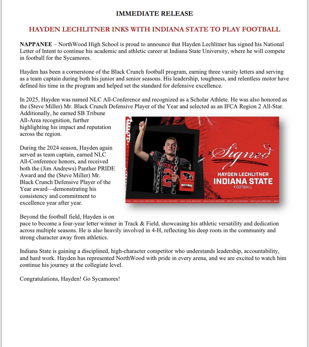 NWP_Athletics's tweet photo. Celebrating a Next Level Panther ✍️ 

Senior Hayden Lechlitner signed his Letter of Intent this winter to play football at Indiana State‼️ https://t.co/lVsTb94kLs