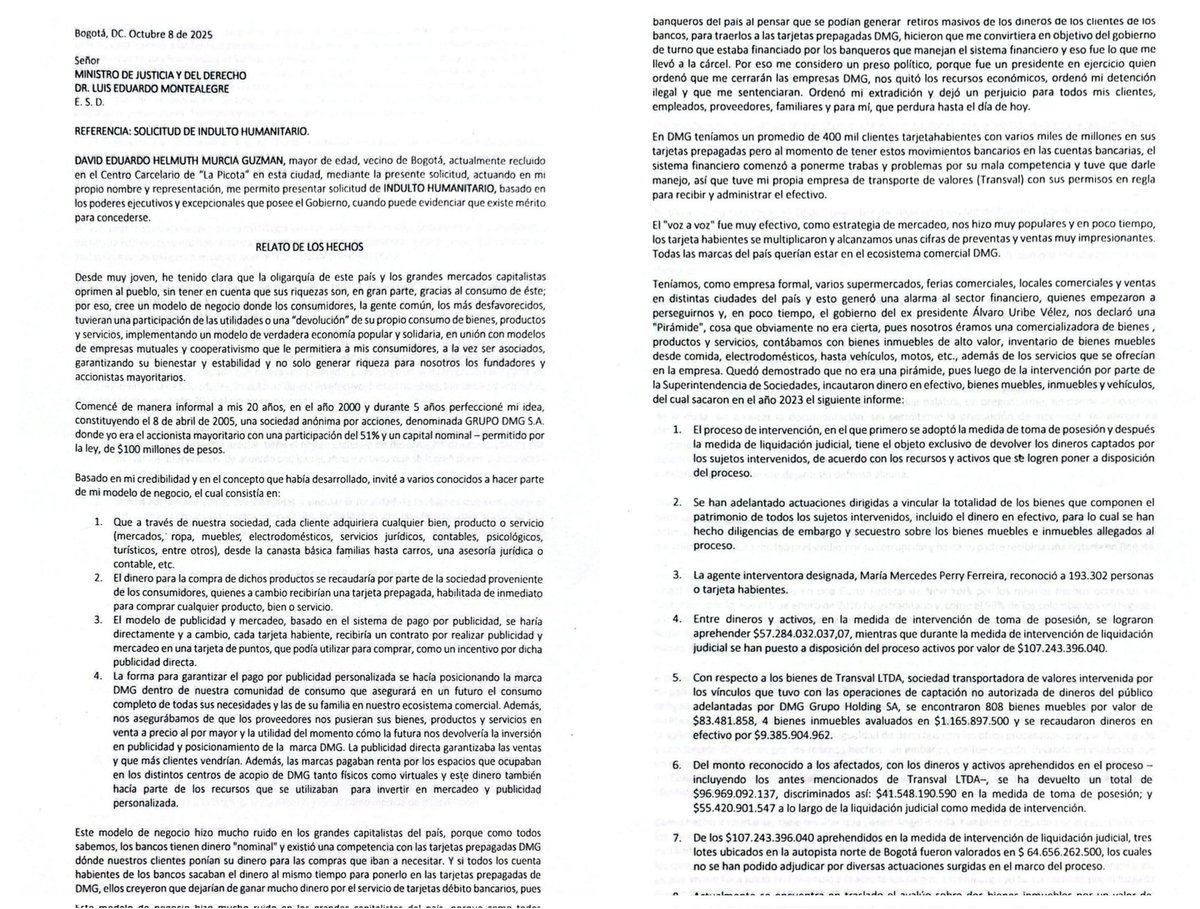 La carta que se conoce hoy del mayor estafador de la historia de Colombia, David Murcia Guzmán, pidiendo "Indulto humanitario" al gobierno petro, exactamente al enano del demonio Montealegre, lo que demuestra es que este plan de atacar la campaña de Abelardo lo están perpetrando