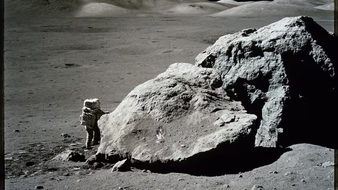 Scientist-astronaut Harrison H. Schmitt stands next to a split lunar boulder during the third Apollo 17 extravehicular activity at the Taurus-Littrow landing site on the moon on Dec. 13, 1972. That was the last mission to the moon. (Johnson Space Center)