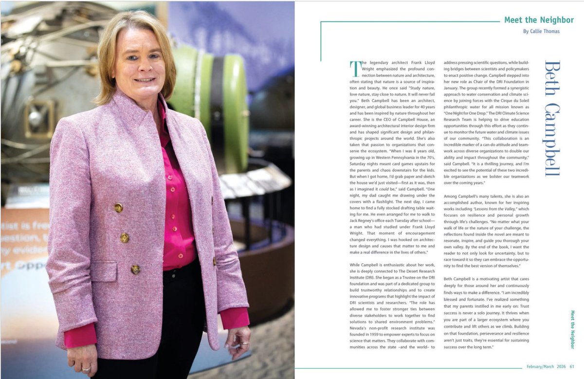 DRIScience's tweet image. DRI’s Foundation Chair Beth Campbell was recently featured in the local zip code magazine 89052. As Chair, Beth builds and highlights the programs and scientists at DRI, and works with stakeholders to find solutions to environmental challenges - bit.ly/drifbeth #DRI
