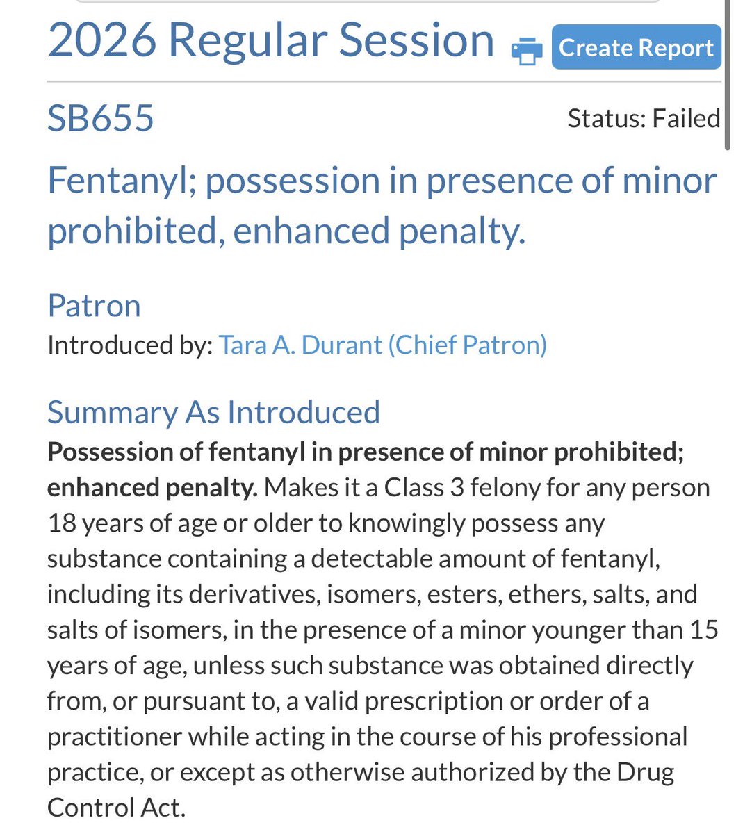 Want to know how morally bankrupt Virginia Democrats are? 

Sen. <a href="/TaraDurantVA/">Tara Durant</a> introduced a common-sense bill that enhanced penalties for anyone who knowingly exposes a minor to fentanyl. 

Democrats BLOCKED it on a party-line vote. Why would they do something like that?
