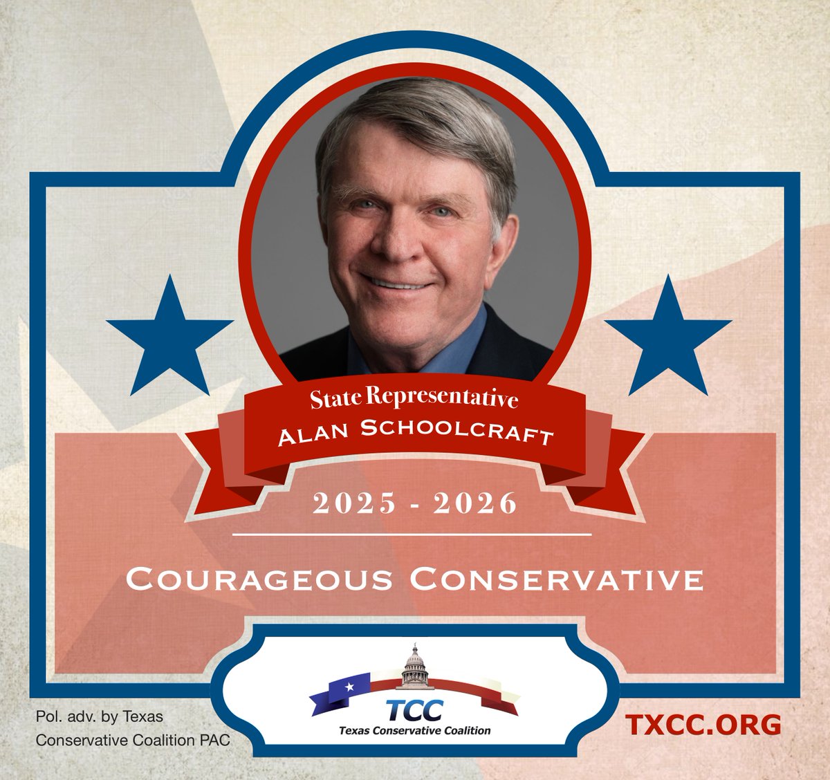 Congratulations to Representative Alan Schoolcraft on being a 2025-2026 TCC Courageous Conservative for his outstanding voting record.
