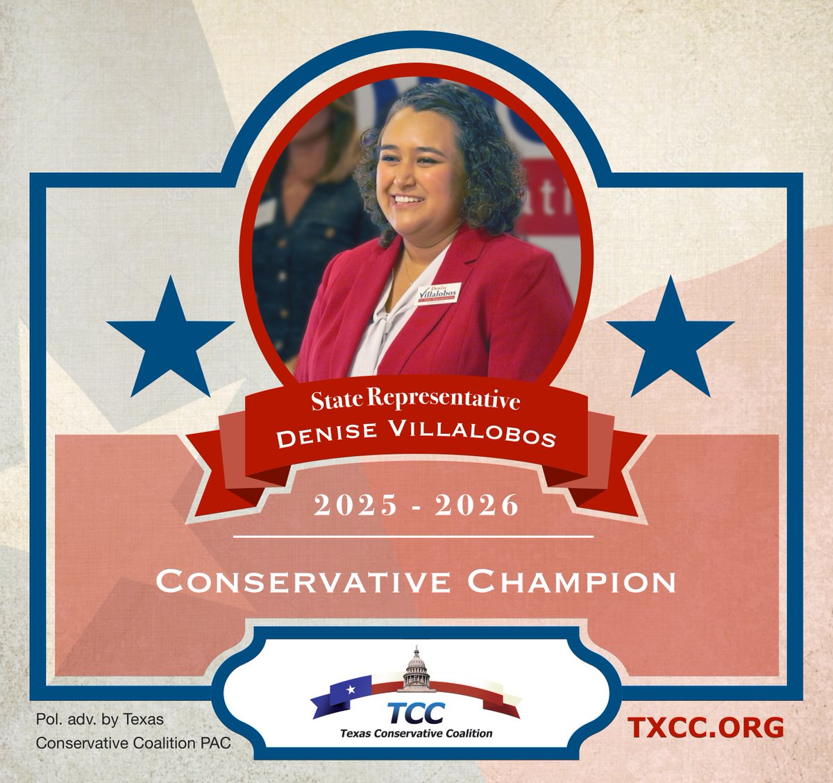 Congratulations to Representative Denise Villalobos on being a 2025-2026 TCC Conservative Champion for her outstanding voting record.