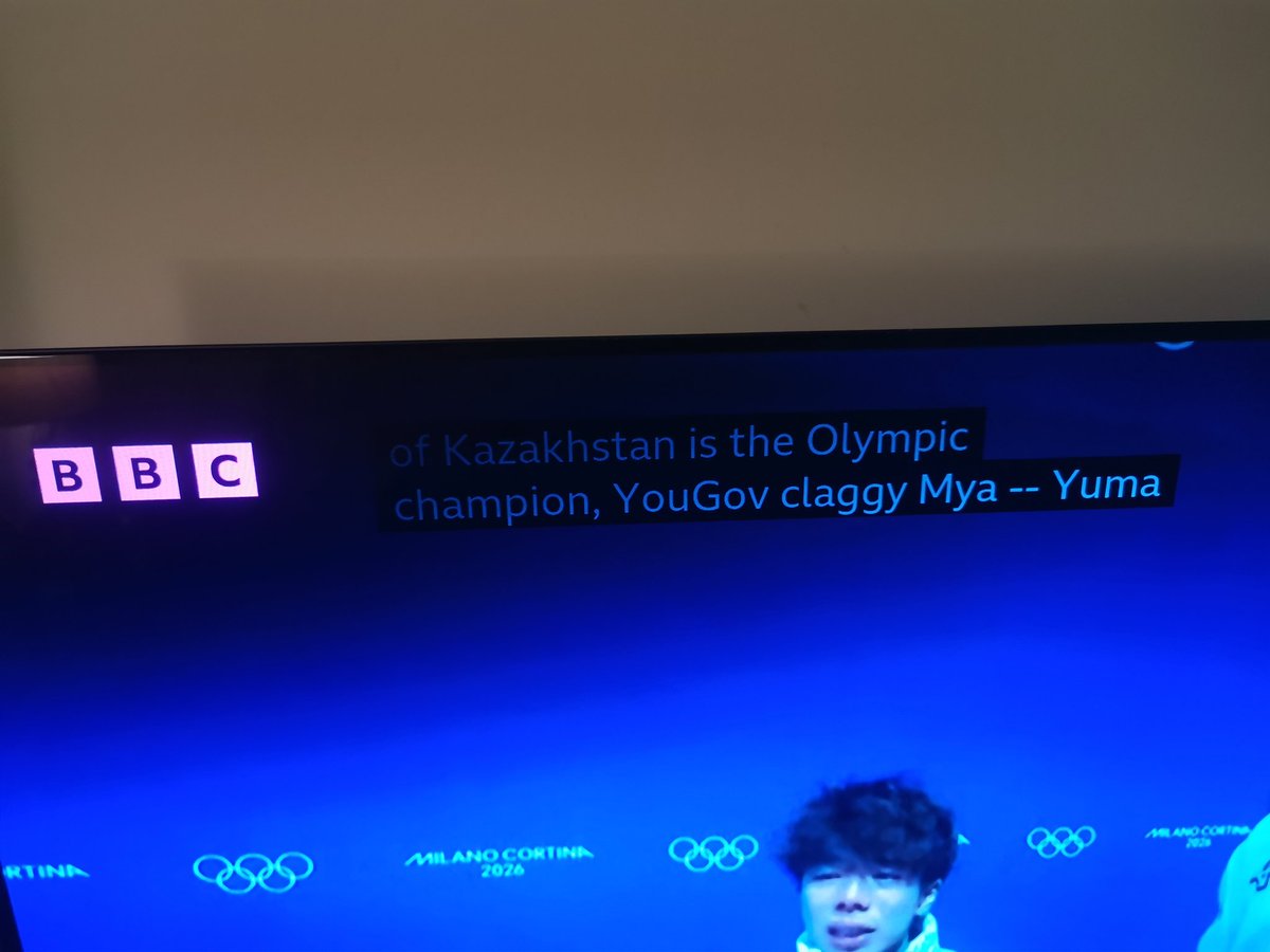 mummymac70's tweet photo. #BBC #Olympics2026 #figureskating what is  with the subtitles tonight. His name is Yuma, Kagiyama and this is what it said "YouGov Claggy Mya" 😂 🤣 😂 🤣 https://t.co/bjU5X2kXOK