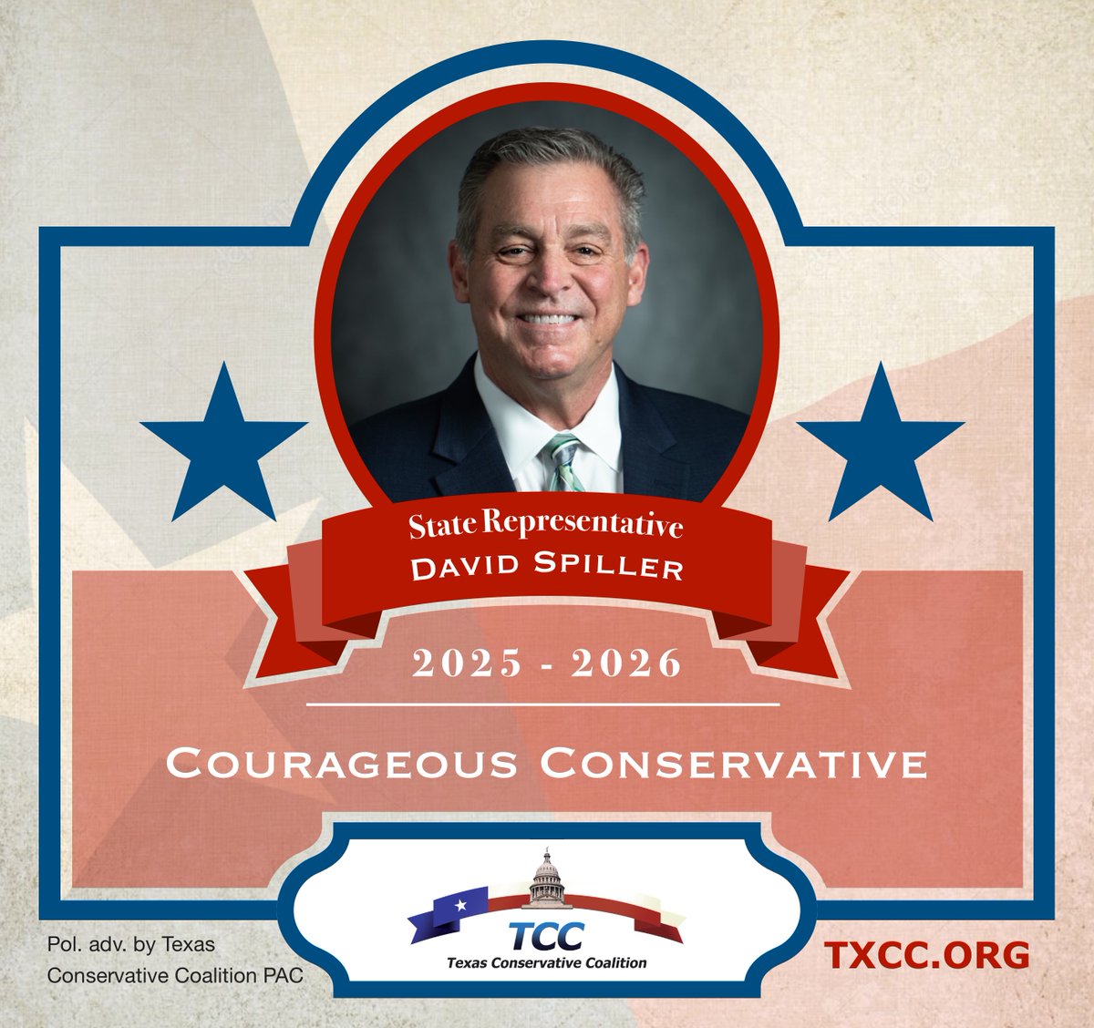 Congratulations to Representative David Spiller on being a 2025-2026 TCC Courageous Conservative for his outstanding voting record.