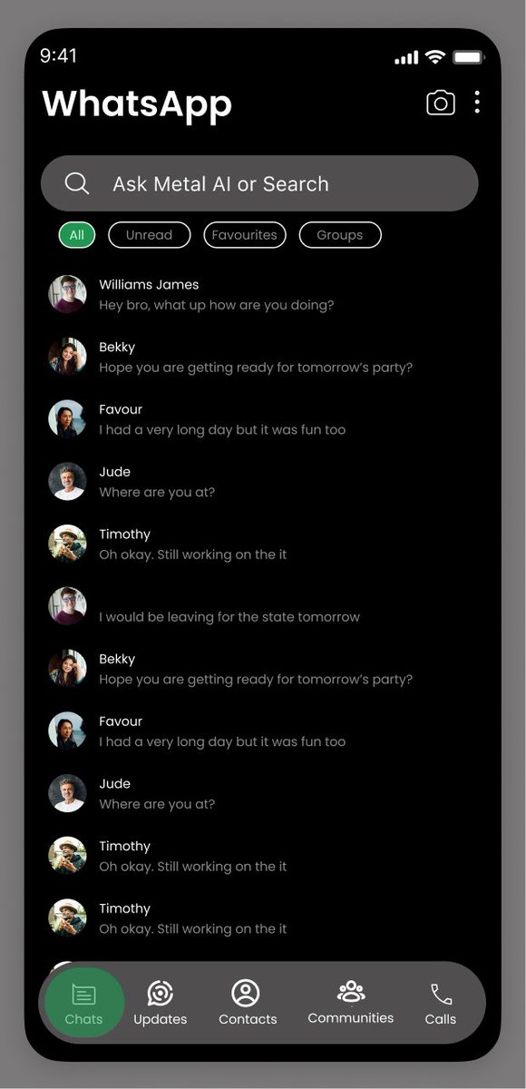 Austinemeka123's tweet photo. I redesigned WhatsApp messenger 

Frame 1: I added the contact button for easier access (most of the time I always find it difficult to look for my contacts list and this might be someone's challenge too) so I felt the contact button should be added https://t.co/XdlNiXLO5d