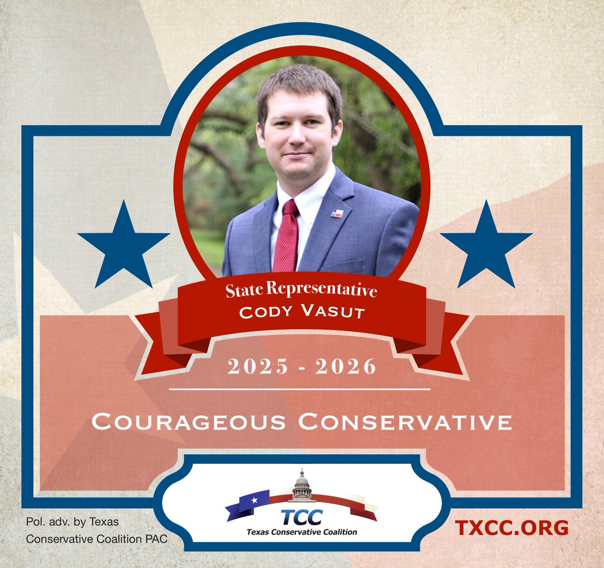 Congratulations to Representative Cody Vasut on being a 2025-2026 TCC Courageous Conservative for his outstanding voting record.