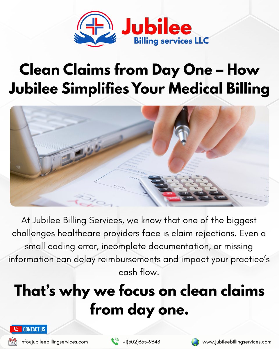 jubileebilling's tweet photo. At Jubilee Billing Services, we know that claim rejections are the biggest challenge for healthcare providers. 
🌍 https://t.co/42UGKHX0bJ
#jubileebillingservices #cardiologistsbilling #healthcareFinance #billingExperts #MedicalReimbursements #ClaimProcessing #HIPAACompliant https://t.co/zmcZmyIsmE