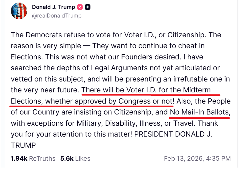 jamiedupree's tweet photo. Only Congress has the power to mandate Voter ID for all federal elections.  Only Congress has the power to ban mail-in voting for all federal elections.  Thanks for your attention to this matter. https://t.co/h6QBDt1W0g