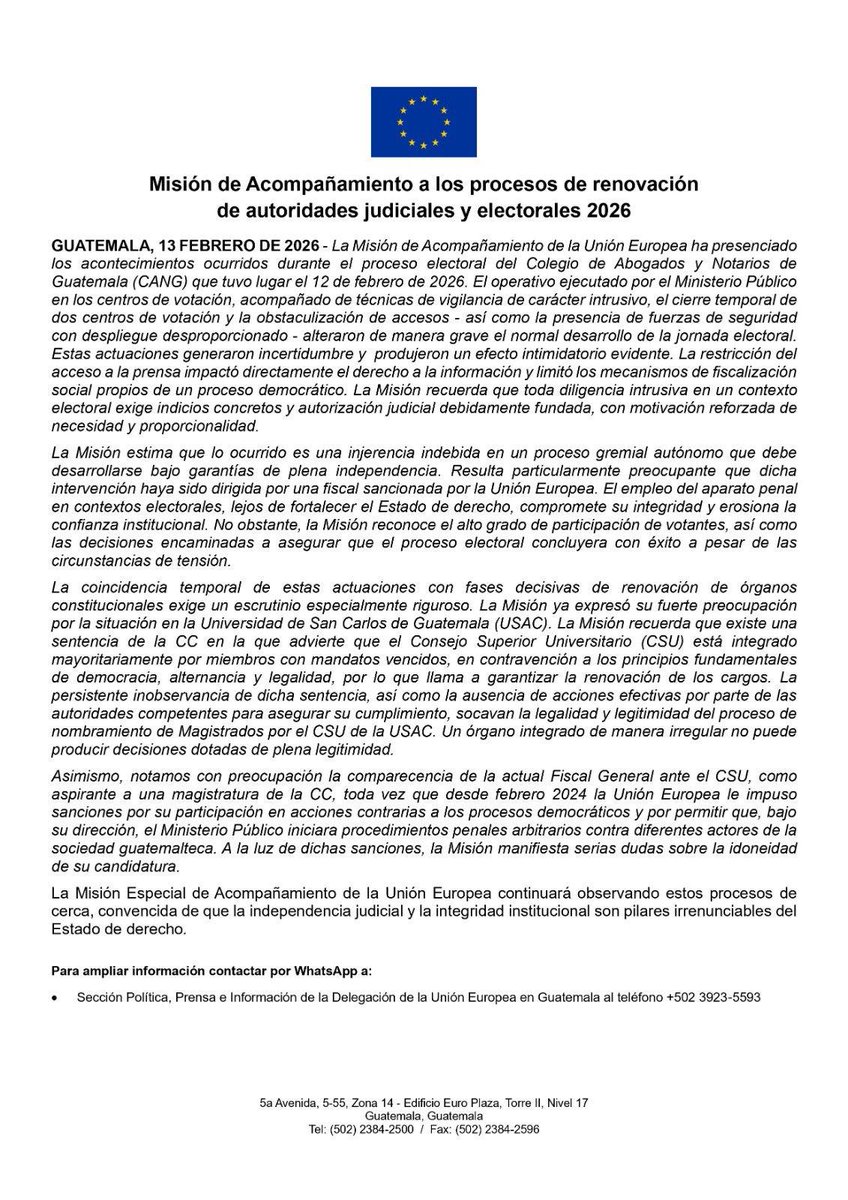 🚨 Alerta internacional contra el CSU

La misión de observación de la Unión Europea lanza una alerta (junto con el rechazo a las acciones del MP contra el CANG) sobre la ilegitimidad del Consejo Superior Universitario de la Usac para designar magistrados ante la Corte de