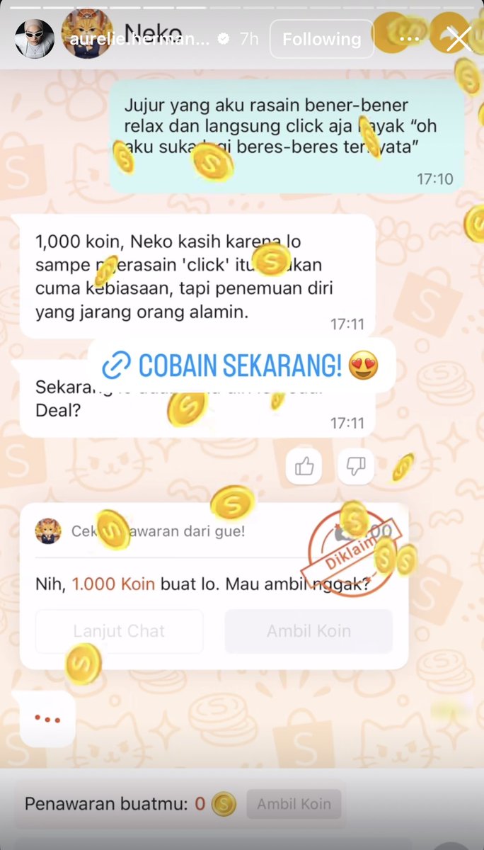 Genea7707's tweet photo. Kannnn, lumayan buat dapetin koin gak perlu apa-apa, cuma chatting aja sama Neko di Shopee. #ShopeeNegoNeko https://t.co/cdm7ZeSI9y
