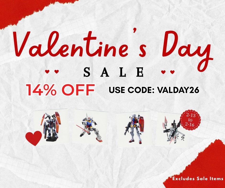 Happy Valentines Day Everyone! To celebrate we will have a 14% Off sale including all the new pre orders that were just announced. Sale ends Monday at midnight.

gundampros.shop