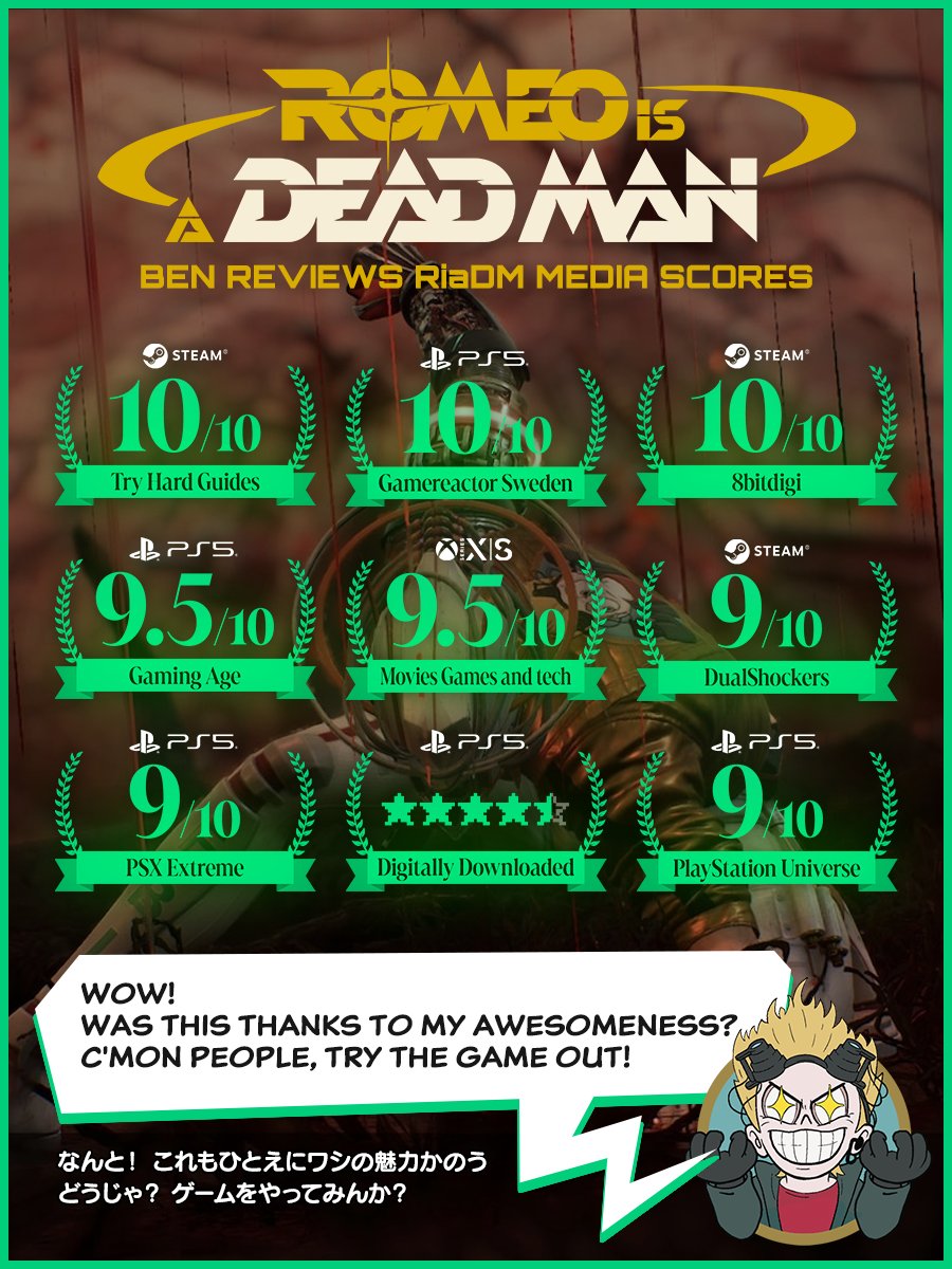 Thanks for all the reviews! We're watching and taking them all to heart!😁🙏
Play Romeo Is A Dead Man - available NOW!

沢山のレビュー頂きありがとうございます！どれもちゃんと見て参考にしてますので！😁🙏
『ロミオ・イズ・ア・デッドマン』はただいま好評発売中！

#RomeoIsADeadMan