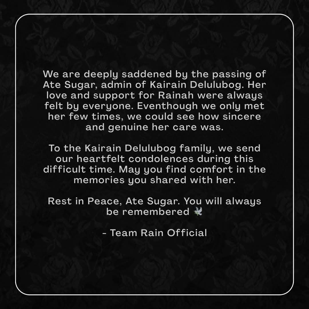 TeamRainOFC's tweet photo. With deepest sympathy to Ate Sugar’s family and friends. Rest in Peace po 🕊️

RAIN CELMAR | #RainCelmar https://t.co/4BQlWEZml7