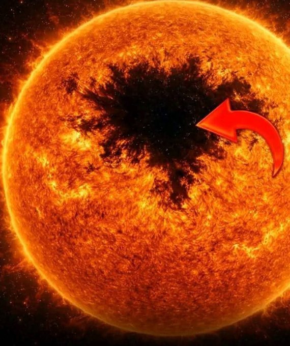 A massive coronal hole has opened up on the Sun—a vast, dark patch where the solar magnetic field opens outward like a gateway, letting loose a torrent of high-speed charged particles into space.These eerie dark regions aren't actually holes or cooler in the dramatic sense;