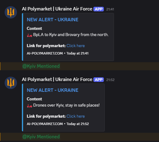 Relaccsed's tweet image. Polymarket - Kyiv Strike Alerts

Ukrainian Air Force has sent out several alerts for incoming strikes to Kyiv tonight AGAIN.

Join my Discord, to get real-time alerts sent out by the Ukrainian Air Force for a massive edge while betting on Polymarket.

ai-polymarket.com/discord