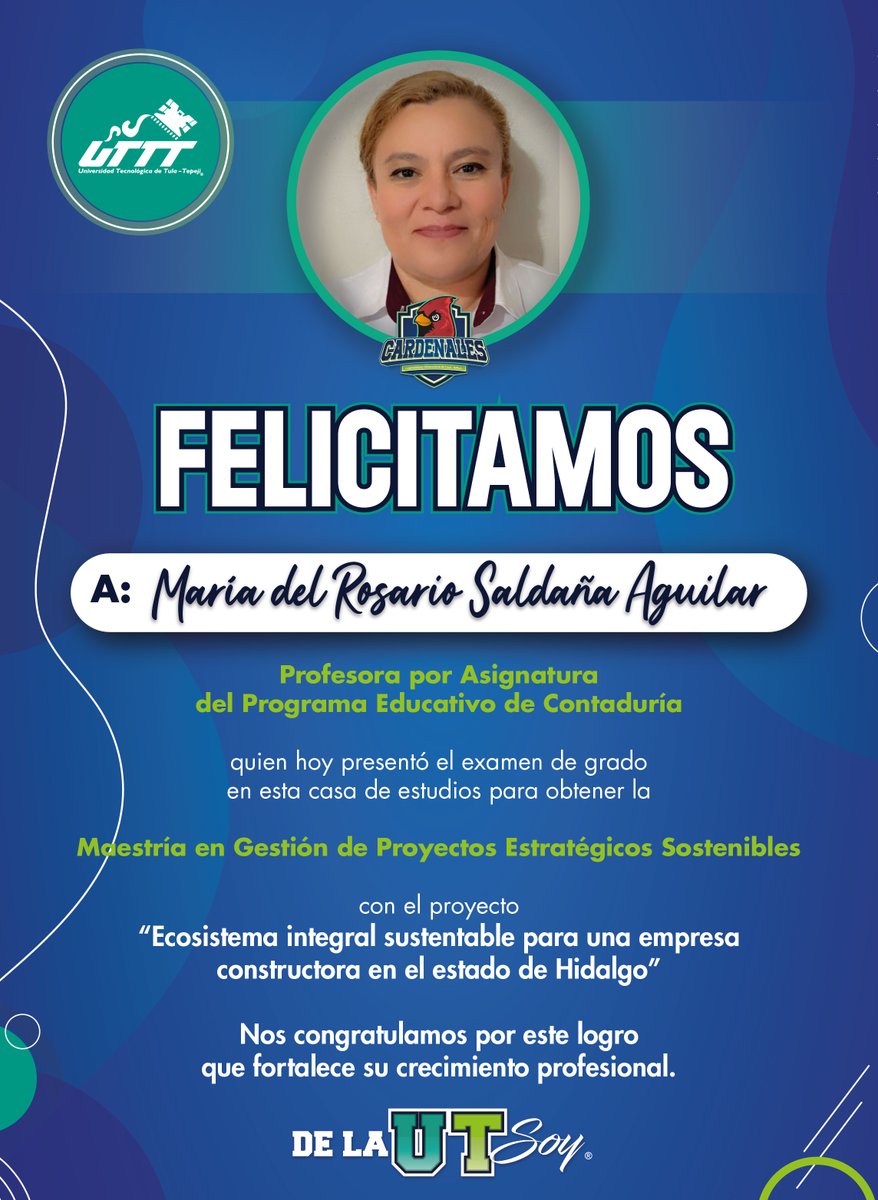 La comunidad universitaria #UTTT felicita a nuestra compañera María del Rosario Saldaña Aguilar, profesora por asignatura del programa académico de Contaduría, por el logro obtenido.
¡Enhorabuena!
#DeLaUTSoy