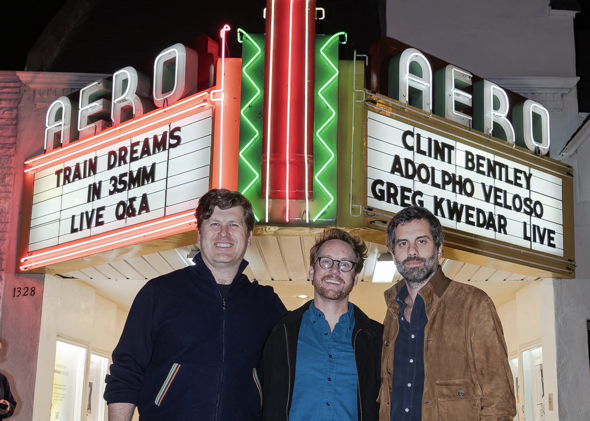 am_cinematheque's tweet photo. Thank you to everyone who joined us Wednesday at the Aero for a sold out 35mm screening of TRAIN DREAMS (2025) + Q&amp;A with director/co-writer Clint Bentley, co-writer Greg Kwedar, &amp; cinematographer Adolpho Veloso, moderated by Pete Hammond. https://t.co/bNhRqDIQhi