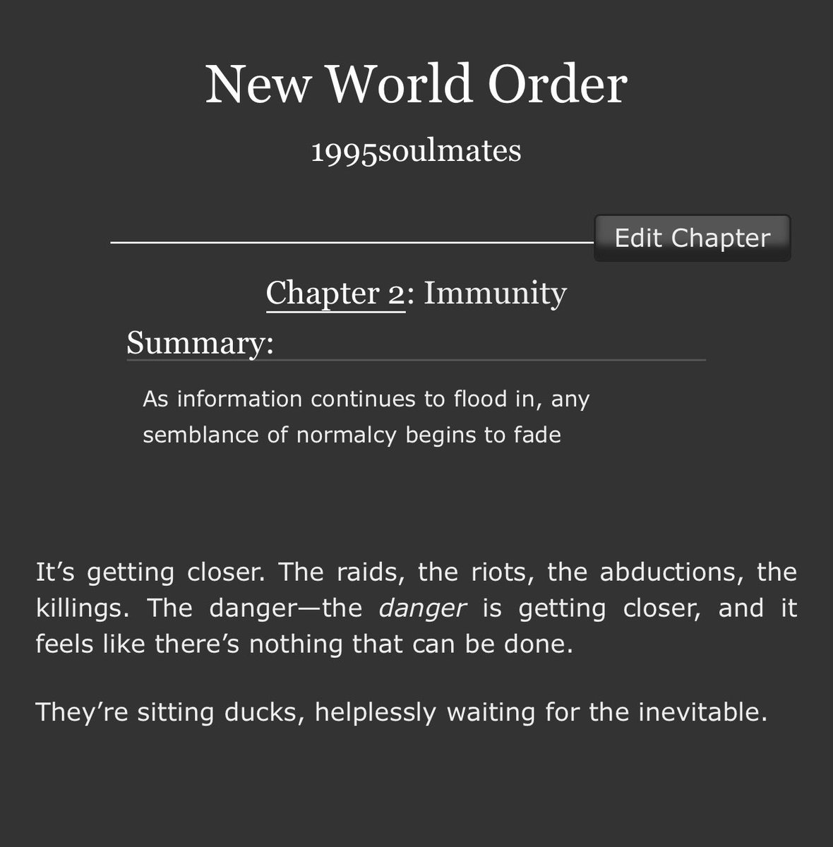 𝗡𝗘𝗪 𝗪𝗢𝗥𝗟𝗗 𝗢𝗥𝗗𝗘𝗥 
⬘ chapter two: immunity (10.6k)

⬘ explicit, dystopian au, omegaverse, ot7 pack (vmin &amp; nmkk pairs), angst, hurt/comfort
⬘ any sense of safety begins to fade as the danger gets closer and closer to seoul

🔗 ao3.org/works/78194041