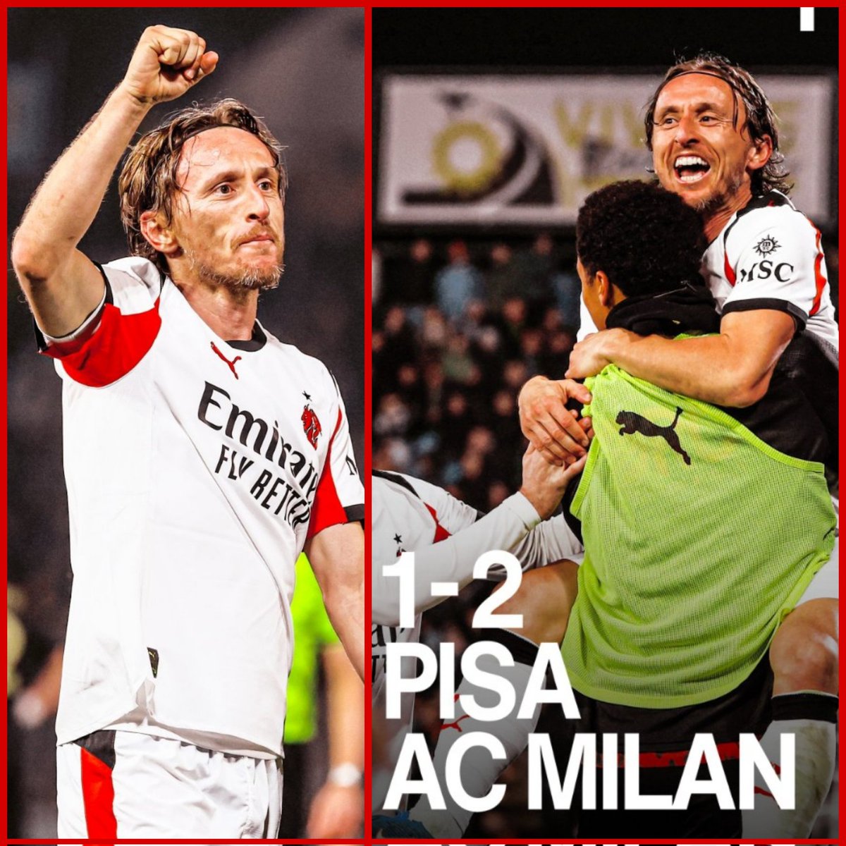 Partido sufrido innecesariamente contra el Pisa dónde no se perdieron puntos que se van a necesitar en la recta final de la temporada 
Pisa 1-2 Milan
Con gol de Luka Modrić para salvar el barco y seguir a 5 puntos del Inter que enfrenta a la Juve mañana en San Siro