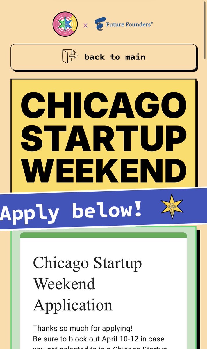 Chicago Startup Weekend x Future Founders

April 10-12. One weekend to build, pitch, and launch.

If you’re in Chicago and you’ve been sitting on an idea… stop sitting. 

Applications are open now.

#ChicagoStartupWeekend #FutureFounders #StartupLife #BuildInPublic