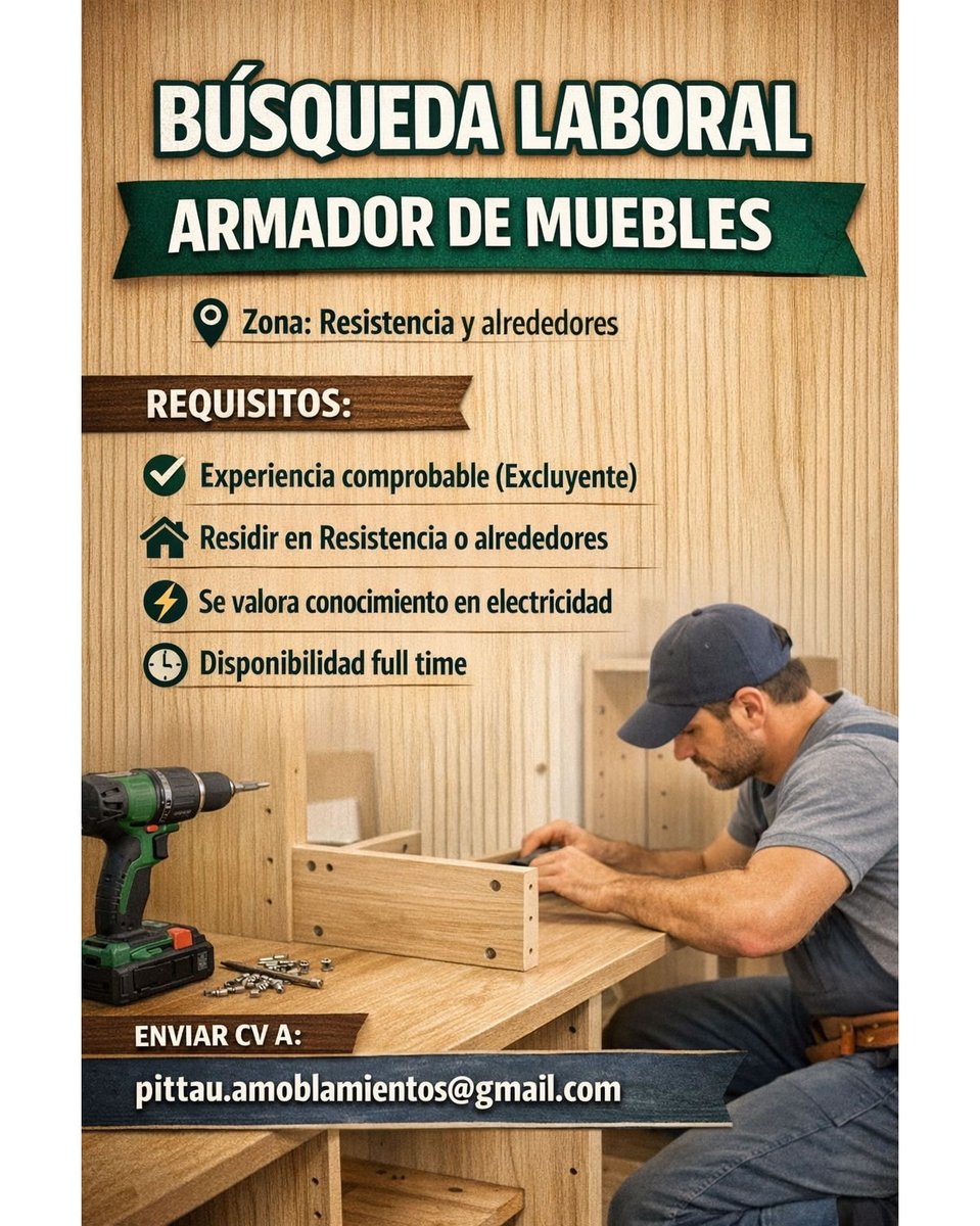 🟤🟢 #RESISTENCIA y alrededores - Se busca #ARMADOR DE #MUEBLES

👉 Enviar CV a: 📧 pittau.amoblamientos@gmail.com con Asunto: ▪Armador de muebles▪

#TNEA #Chaco #empleoar #trabajoar
