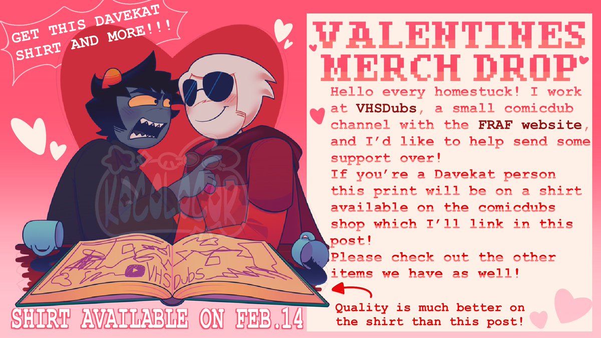 KocoLocorr's tweet image. Really happy to finally announce this :D I recently created this shirt design for the channel I work at and im so happy to share it! :D #Homestuck #davekat 
It will be released tomorrow so keep your eyes peeled!
shop.fruityrumpus.com/collections/vh…