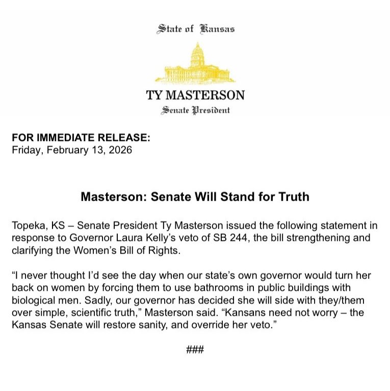 Last week, a group of radical Leftists held a disgusting “pee-in” protest using the opposite bathrooms at our state capitol. Today, Laura Kelly vetoed SB 244 that would protect women and girls from this outrageous behavior. Enough is enough. The Senate will override this