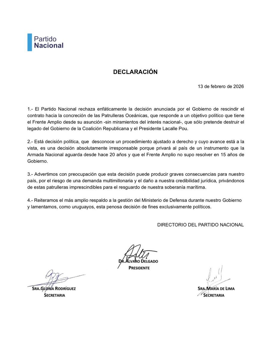 Declaración del Directorio del Partido Nacional respecto a la decisión del gobierno de rescindir el contrato con Cardama.