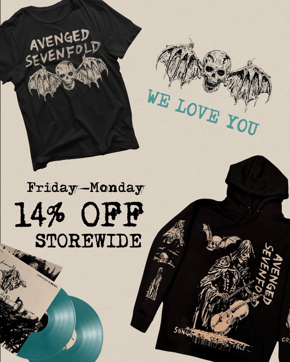 We Love You 🖤 Shop 14% off the our entire webstore now - Monday, February 16 at 11:59PM PT. 
a7xworld.com