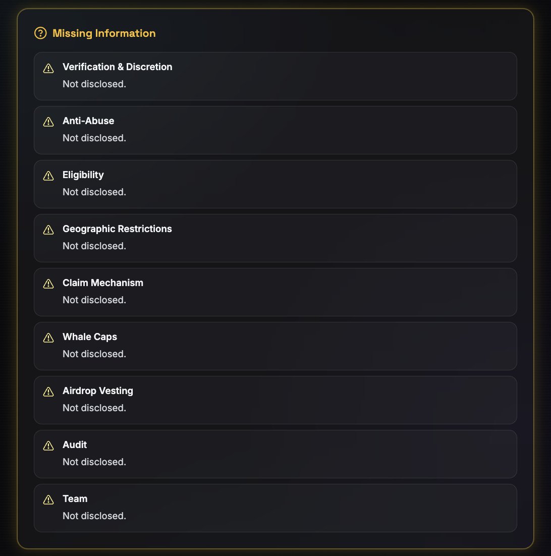 You don’t lose money in bad airdrops
You lose time

And most of the time,
you’re grinding without knowing:

– who controls point weights  
– whether wallet caps exist  
– how sybil resistance works  
– when insiders unlock  

"Not disclosed" is more common than people think