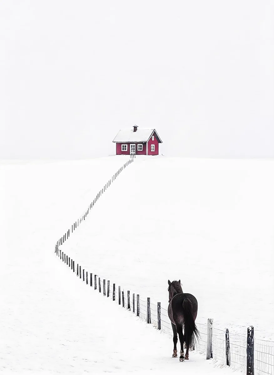 A horse stands in a snowy field facing a distant red house with a fence line leading to it, creating a stark, minimalist winter scene.