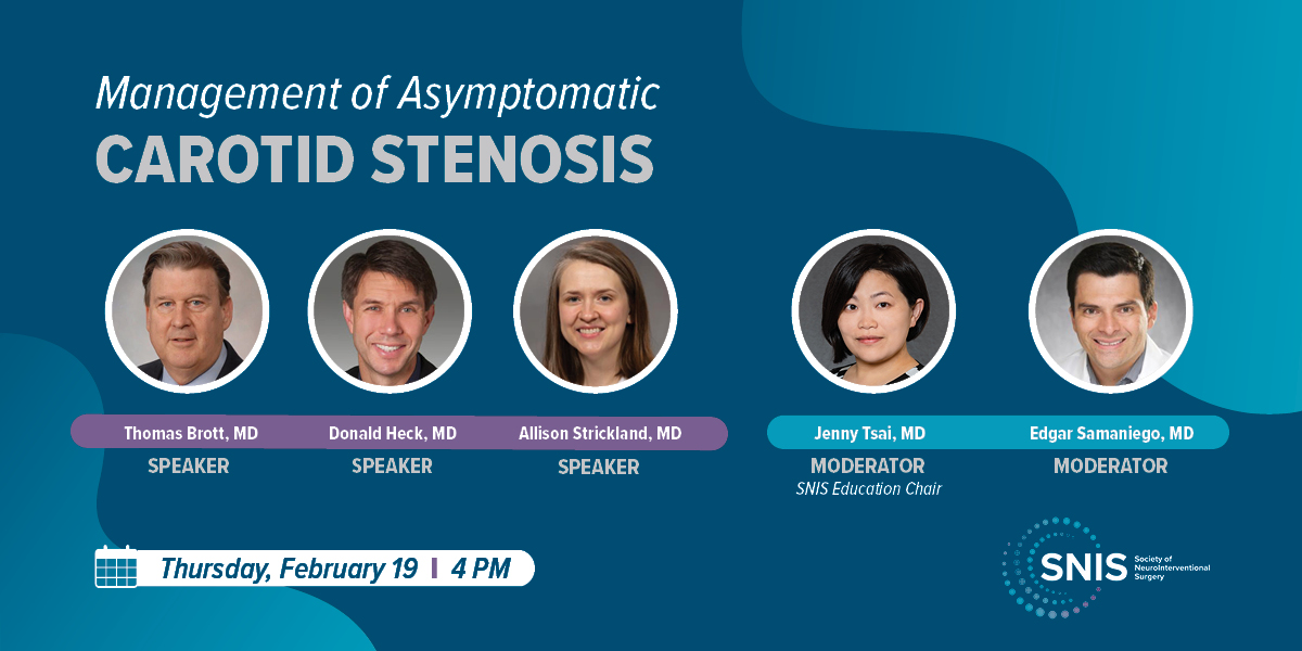 SNISinfo's tweet photo. UPDATE: The next #SNISInsights webinar “Management of Asymptomatic Carotid Stenosis” is 2/19 at 4PM ET. Panelists @ThomasBrott, Donald Heck, MD, &amp; Allison Strickland, MD will sit down with SNIS Education Chair @JPTsaiMD &amp; @esamaniego to discuss.
Register: https://t.co/cBIJlJ8MjV https://t.co/ZugXR7NO0Z