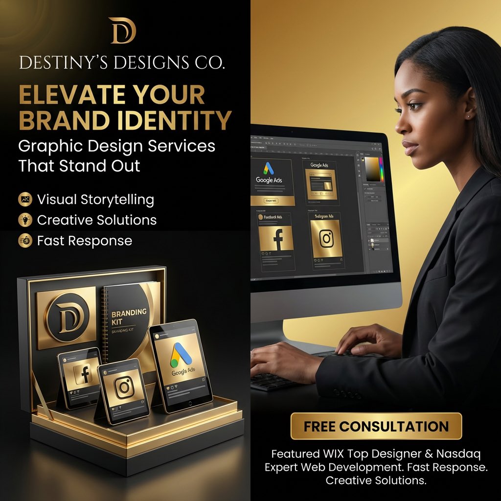Your brand is your promise. Let's make it unforgettable.

At Destiny's Designs, we create cohesive brand identities that tell your story across every touchpoint—from your logo to your social media, website to print materials. We don't just design; we strategize.