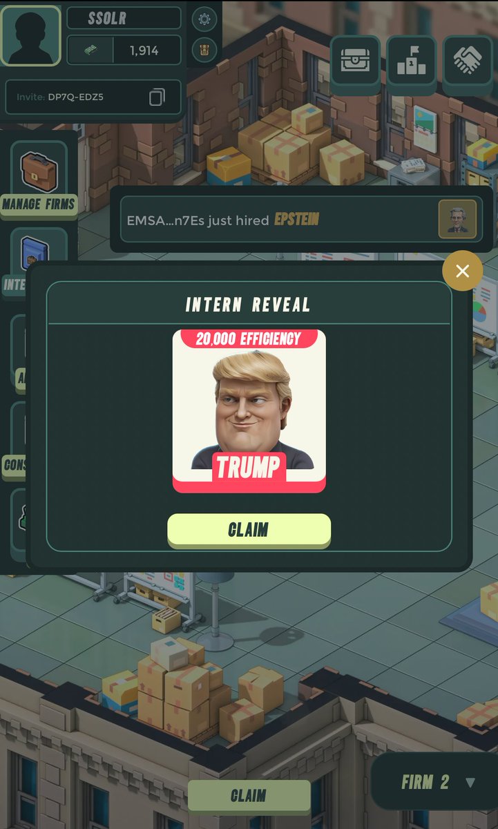New game <a href="/cashcitydotfun/">Cash City</a> 

All you need to get started is 1 solana for one company and 8 interns to fill it, which is currently about 0.5 sol. I was lucky and got Trump with a 0.5 chance.

cashcity.fun/trading 

DP7Q-EDZ5 code