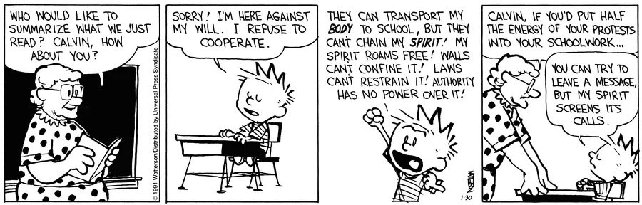 ClassicStrips's tweet photo. Calvin and Hobbes 
Bill Watterson 01.30.91 https://t.co/WKc19VYgMZ