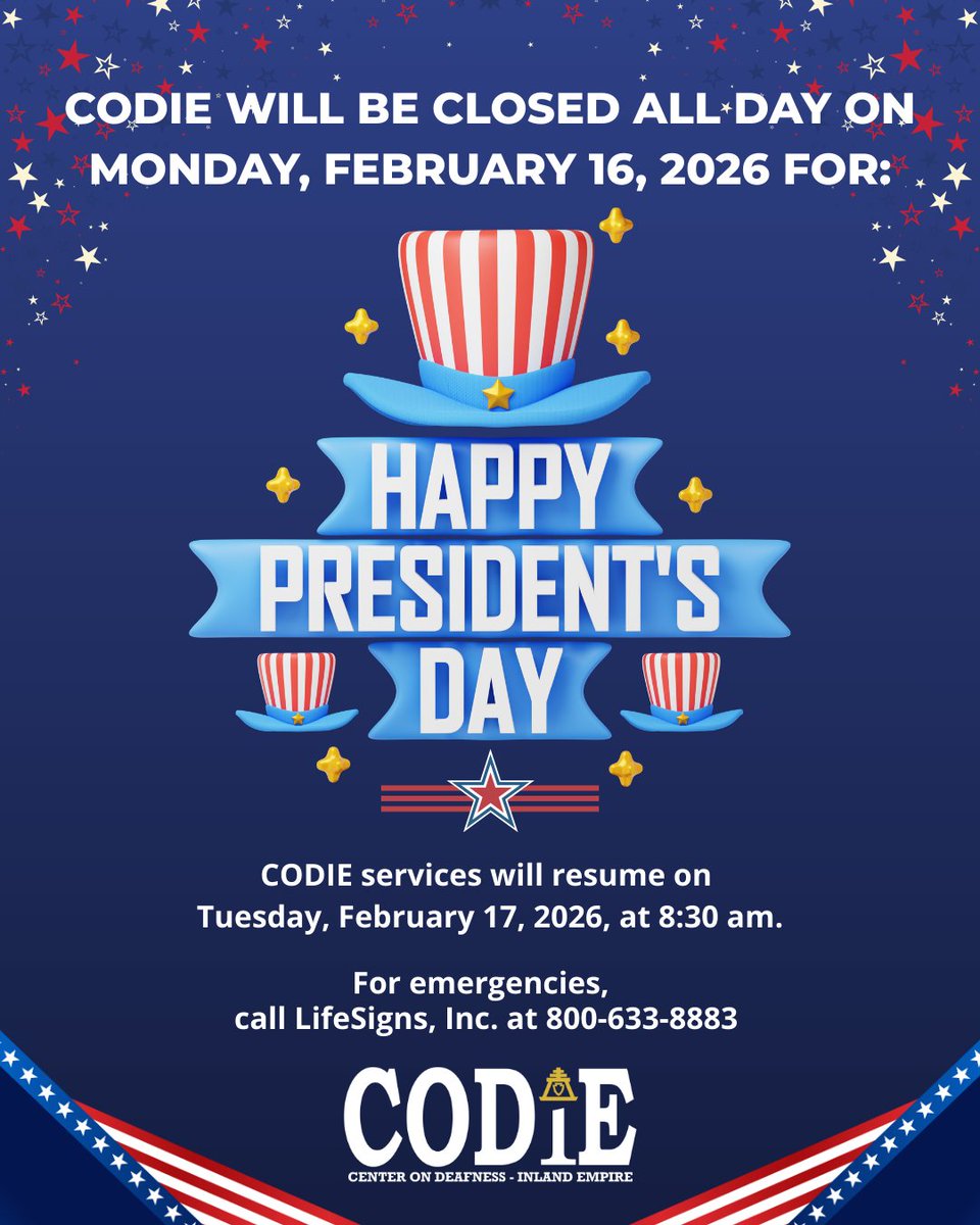 CODIEdeaf's tweet image. CODIE will be closed on Monday, February 16, 2026 in observance of Presidents’ Day.

We will resume regular business hours on Tuesday, February 17, 2026.

For emergencies, please call LifeSigns, Inc at 800-633-8883.

#CODIEDeaf #OfficeClosure #PresidentsDay