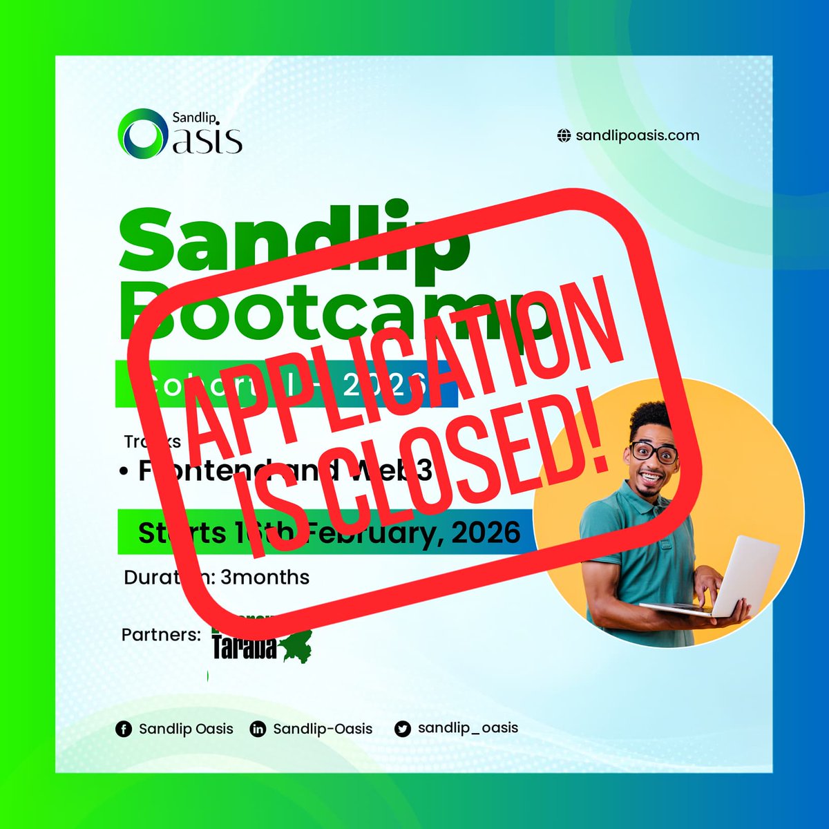 sandlip_oasis's tweet photo. Application Closed.
Congratulations to those who applied and got selected.
See y'all in class π€
#SandlipOasis
#Tech
#Web3taraba
#Frontend https://t.co/ekFC3mHBdG