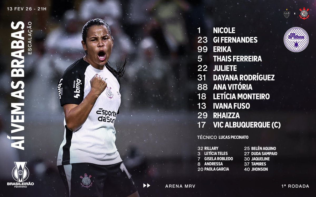#AsBrabas estão escaladas para Atlético Mineiro x Corinthians! 📋

#ATLxSCCP
#AsBrabas
#VaiCorinthians