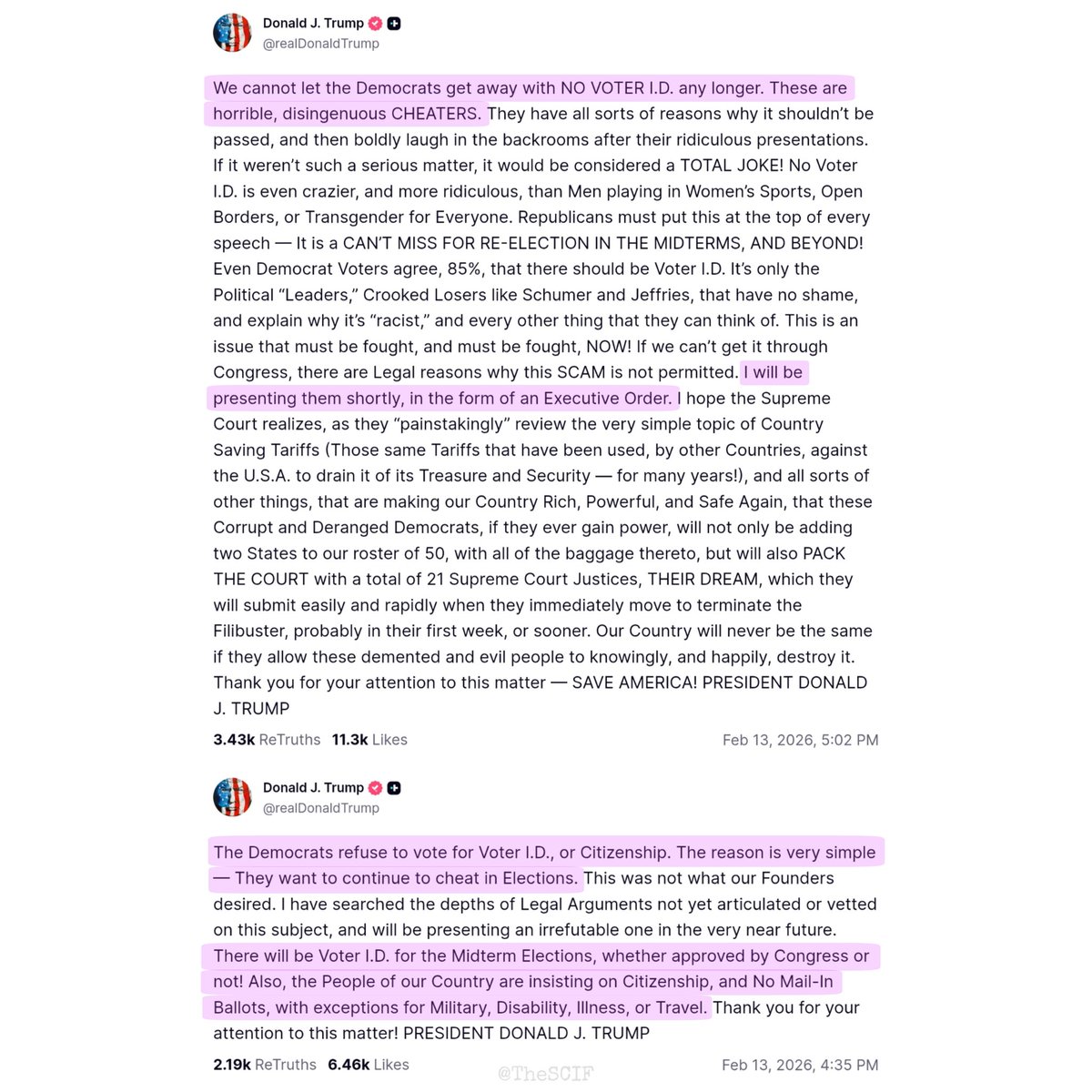 The Democrats refuse to vote for Voter I.D. or Citizenship. The reason is very simple, they want to continue to cheat in elections.

I will be presenting an executive order shortly.

There will be Voter I.D. for the Midterm Elections, whether approved by Congress or not!

–