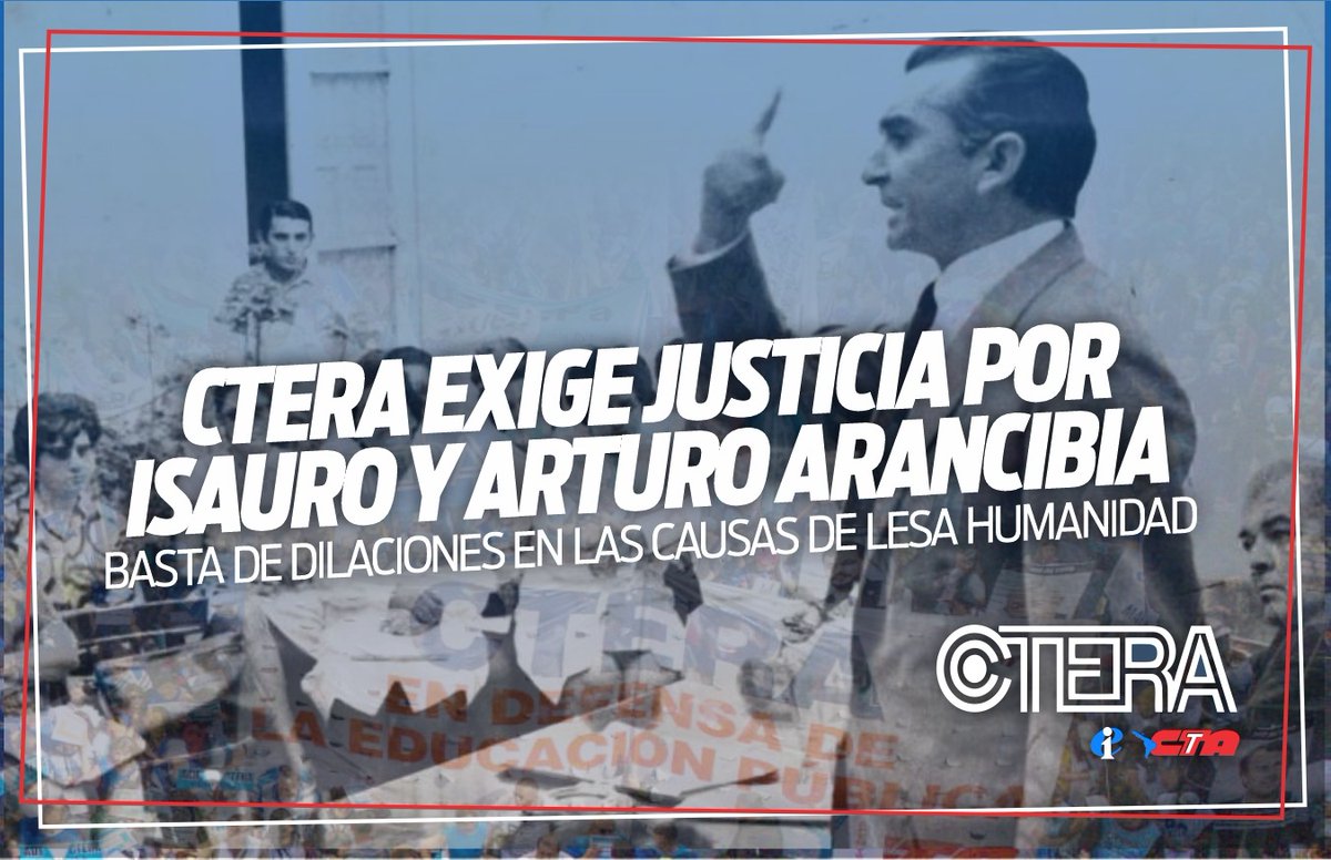 A 50 años del golpe de estado, Basta de Impunidad.
Exigimos juicio inmediato por el asesinato de Isauro y Arturo Arancibia.
No hay democracia sin justicia.
#NuncaMás #CTERA

🔗 Info completa 👉🏽ctera.org.ar/ctera-exige-ju…