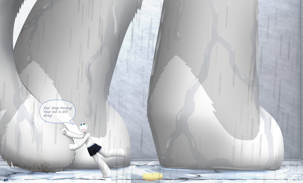Zoe, stop flailing your tail around! 
How is Tom supposed to brush it? 

Hehe, Taking a shower together with your little helper must be fun >w<

#giantess #sizedifference #paws #anthro