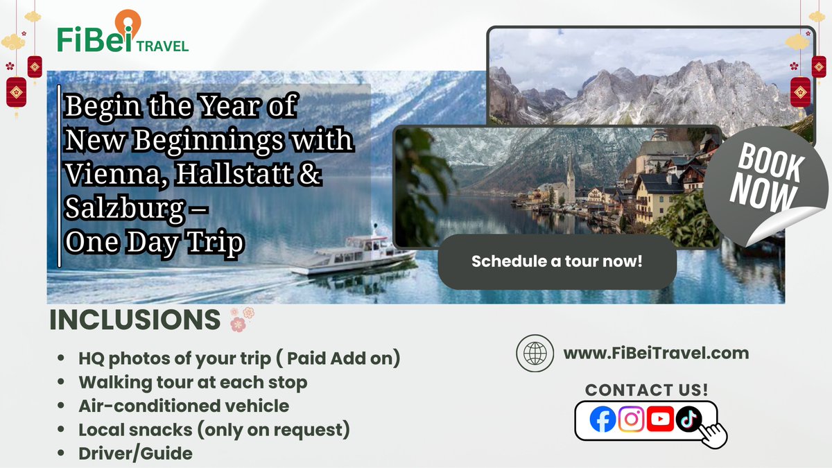 FiBeiTravel's tweet photo. https://t.co/R20VEFtc7X | Austria in One Day 🧧
Still deciding CNY plans? 🇦🇹✨
We have limited spots left for a one-day tour to Vienna, Hallstatt & Salzburg—scenic views, guided walks, and stress-free travel.
📩 Message us now to grab your spot!
#AustriaTravel #ViennaTrip https://t.co/iXkjFn6kL3
