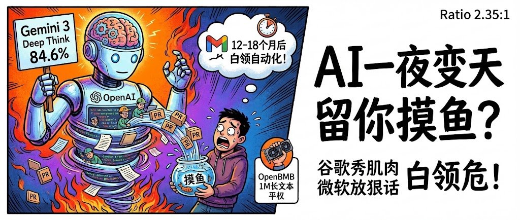 🚀 AI一夜变天：谷歌秀肌肉，微软放狠话
谷歌 Gemini 3 Deep Think 发布，ARC-AGI-2跑分飙到84.6%，不再是只会“猜词”的LLM，而是懂逻辑的推理机器。
开源界也卷疯了，OpenBMB 让消费级显卡也能跑1M长文本，大模型“平权”时刻到了。
OpenAI